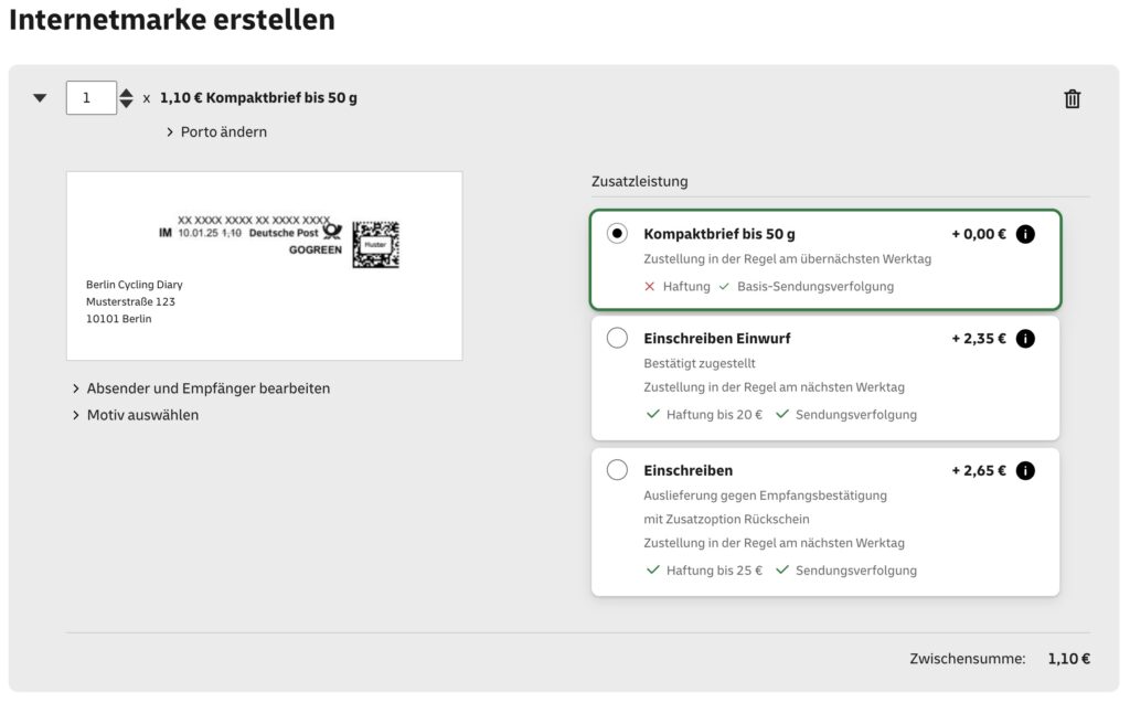 Screenshot, Internetmarke erstellen, Kompaktbrief bei der Internetmarke der Deutschen Post